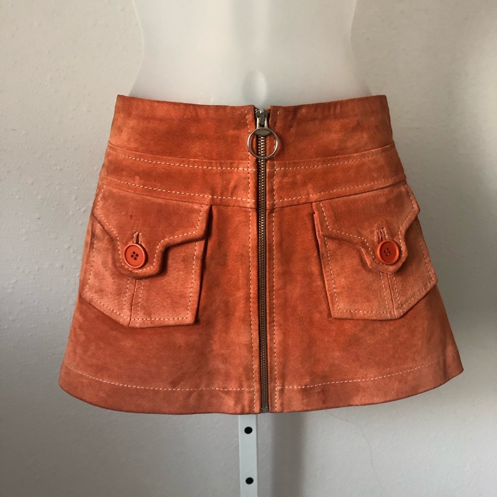 60s Style Orange 100% Leather Mini Skirt